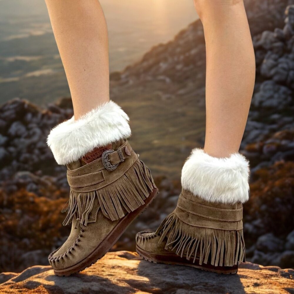Faux Fur Trim Fringe Ankle Boots - Brown
